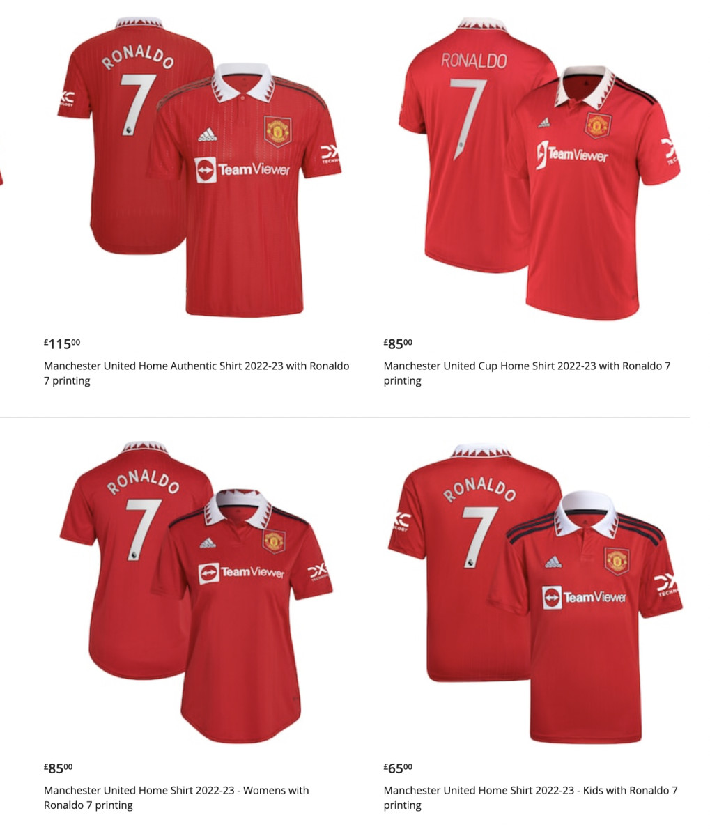"Ronaldo 7" jerseys pictured on sale at manutd.com in July 2022
