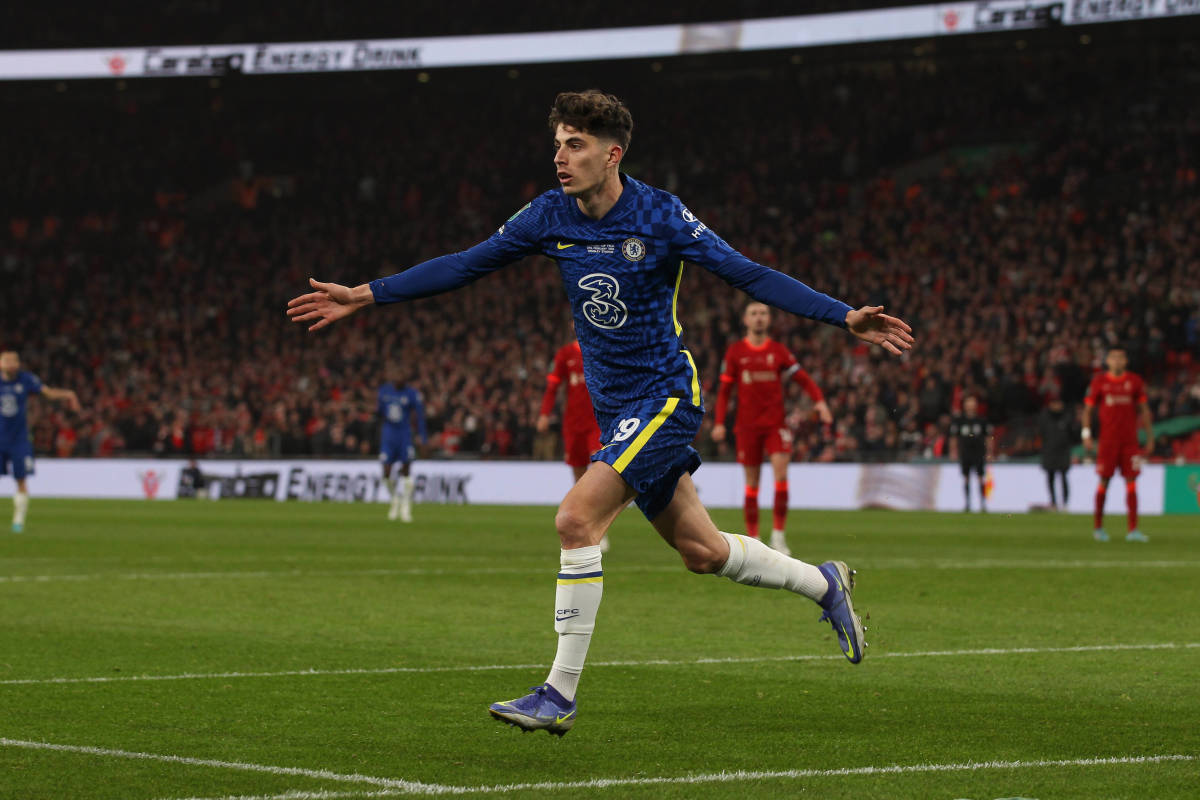 Kai Havertz celebrates scoring for Chelsea in the 2022 EFL Cup final against Liverpool, before the goal is disallowed for offside