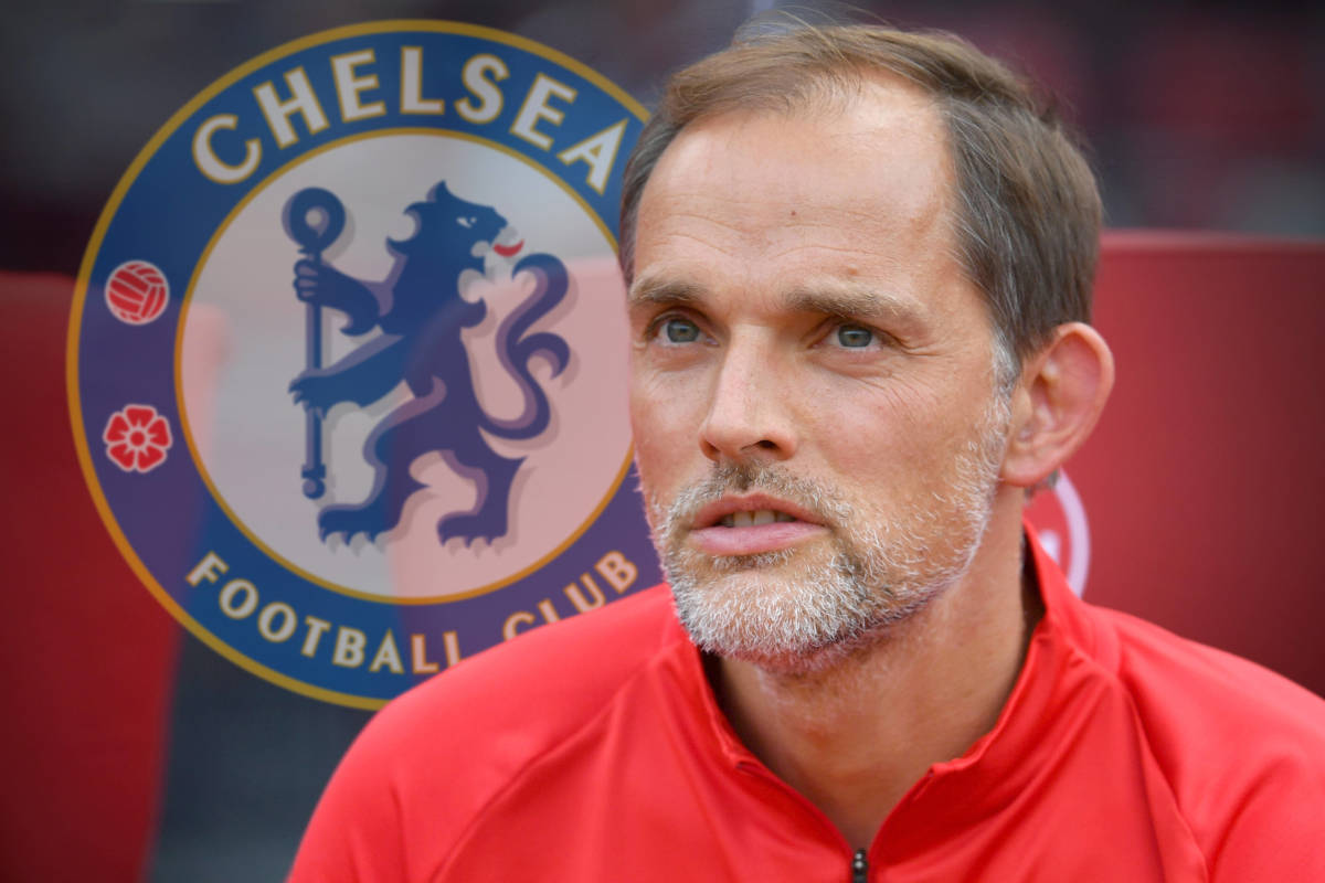 Thomas Tuchel pictured in front of the Chelsea badge