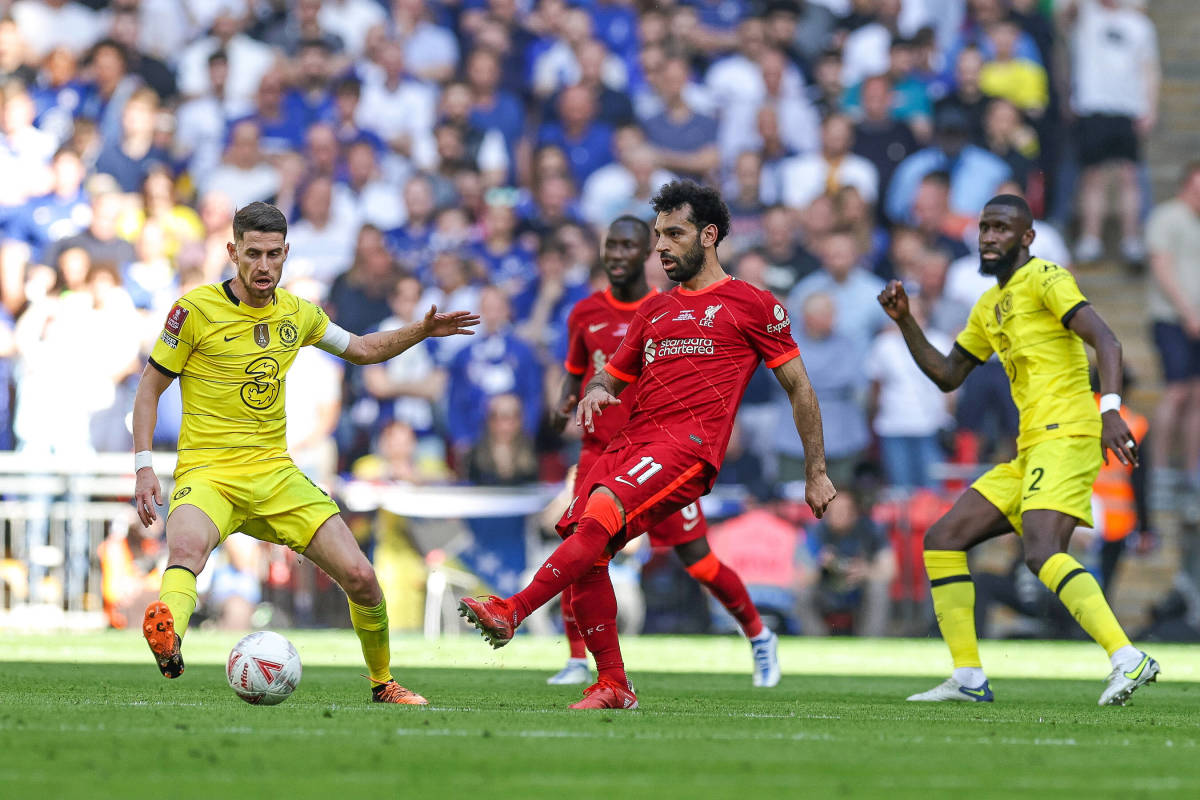 Mo Salah (center) pictured playing for Liverpool in the 2022 FA Cup final against Chelsea before he was subbed off due to an injury issue