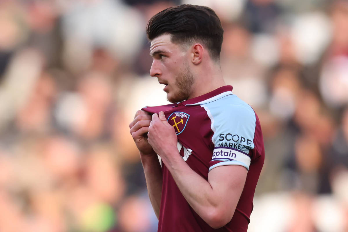Declan Rice pictured playing for West Ham in February 2022