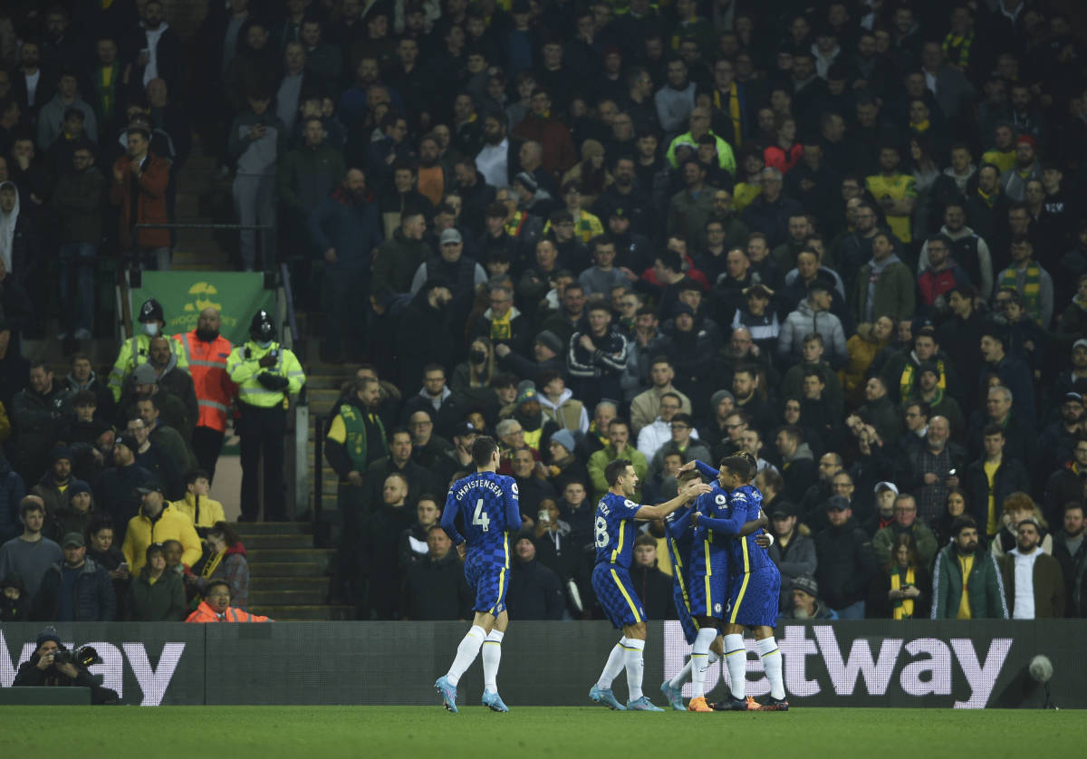 Chelsea players celebrate Trevoh Chalobah's early goal against Norwich City