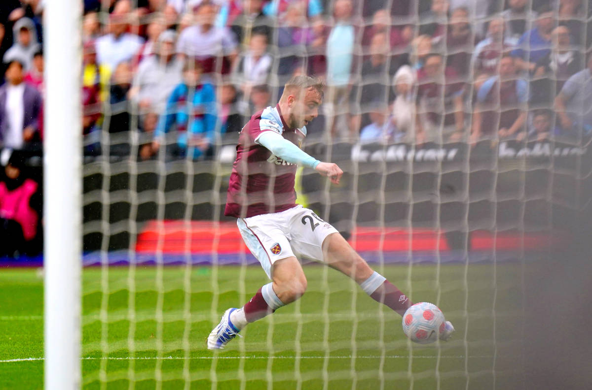 Jarrod Bowen pictured scoring for West Ham against Manchester City in May 2022
