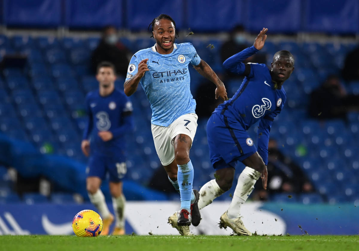 Raheem Sterling (center) pictured in action for Manchester City against Chelsea in January 2021