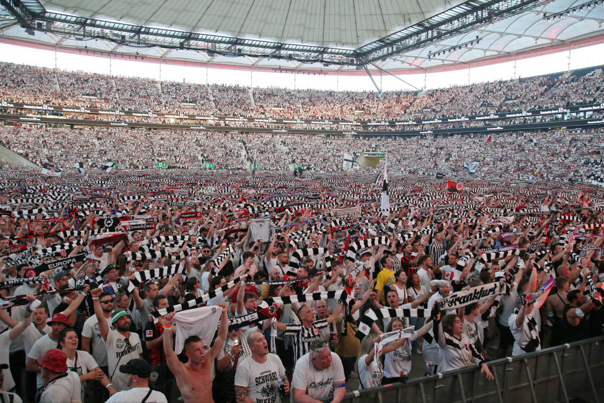 More than 50,000 Frankfurt fans watch the Europa League final against Rangers at a screening event in their Deutsche Bank Park stadium in Germany