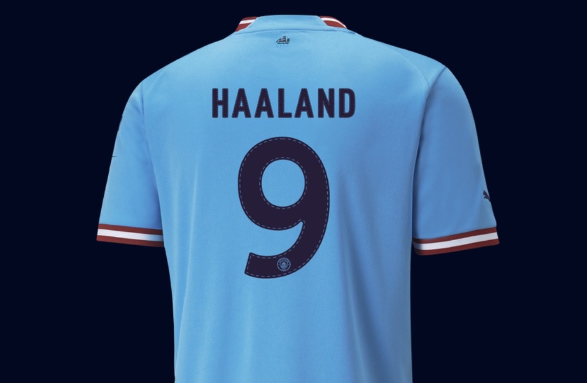 A "Haaland 9" jersey pictured on sale in Manchester City's online store