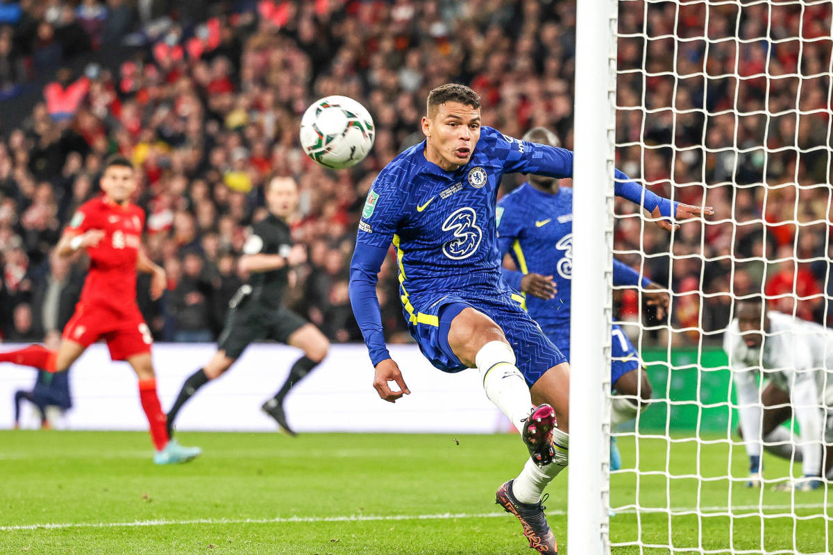 Thiago Silva clears the ball off the goal-line during the 2022 EFL Cup between Chelsea and Liverpool