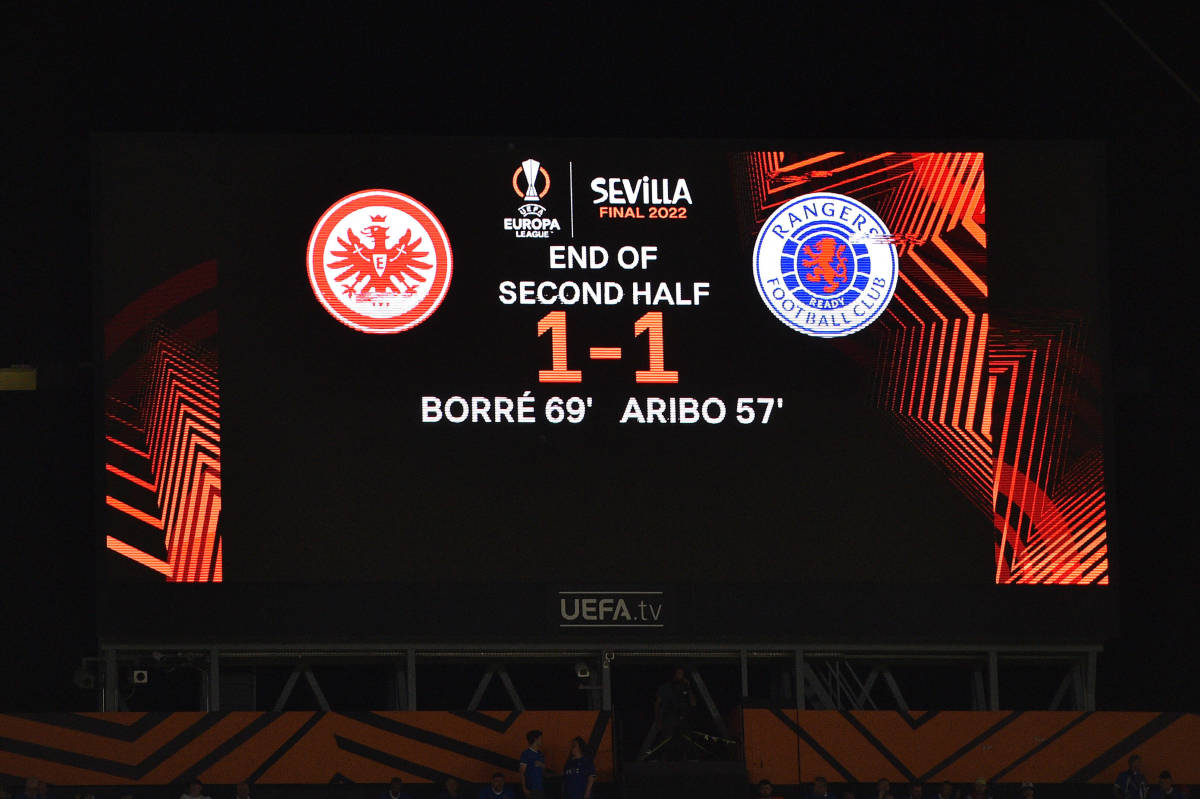 A shot of the scoreboard at Seville's Ramon Sanchez-Pizjuan Stadium after 90 minutes in the 2022 UEFA Europa League final between Frankfurt and Rangers