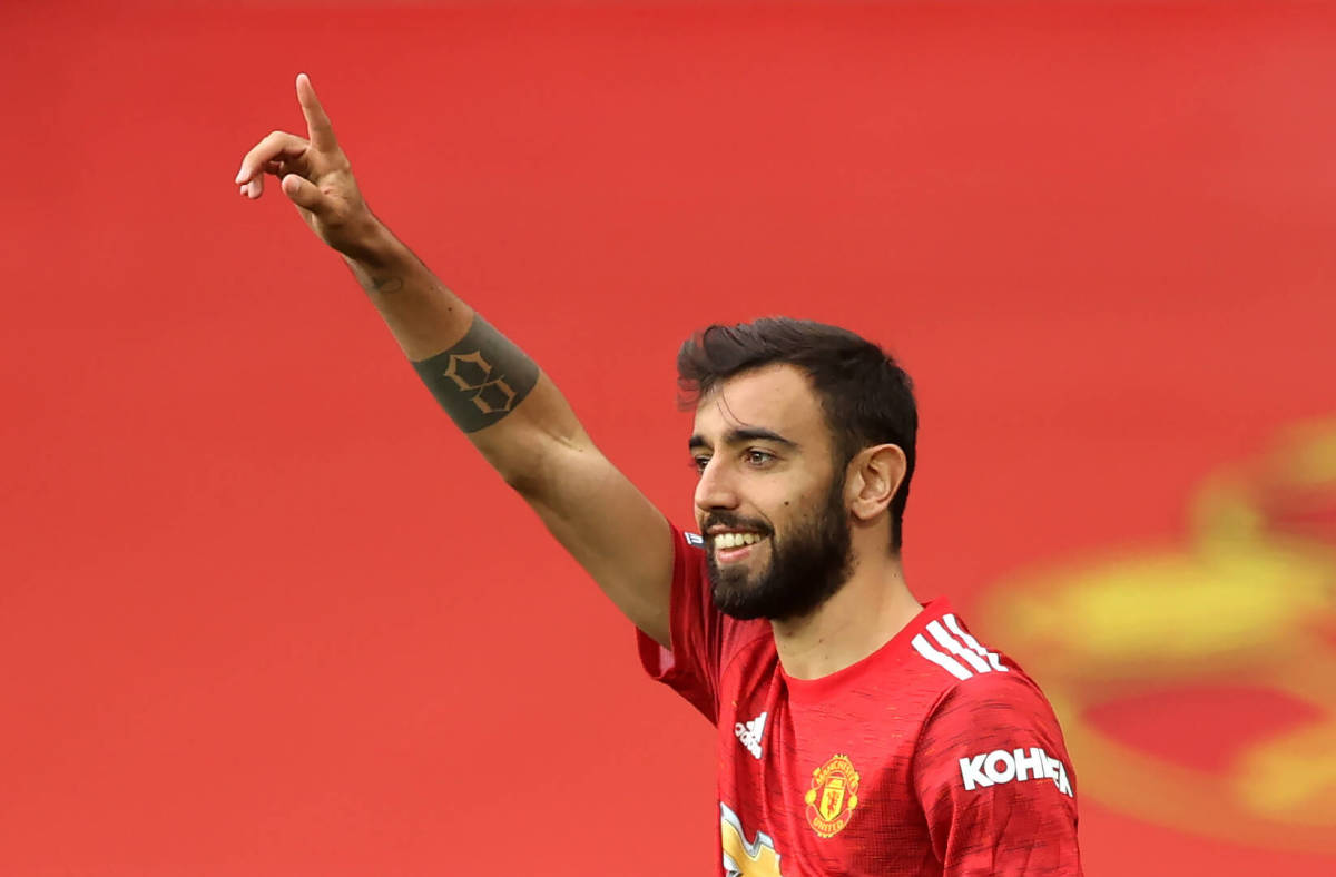 Bruno Fernandes pictured celebrating after scoring for Manchester United against Tottenham in October 2020