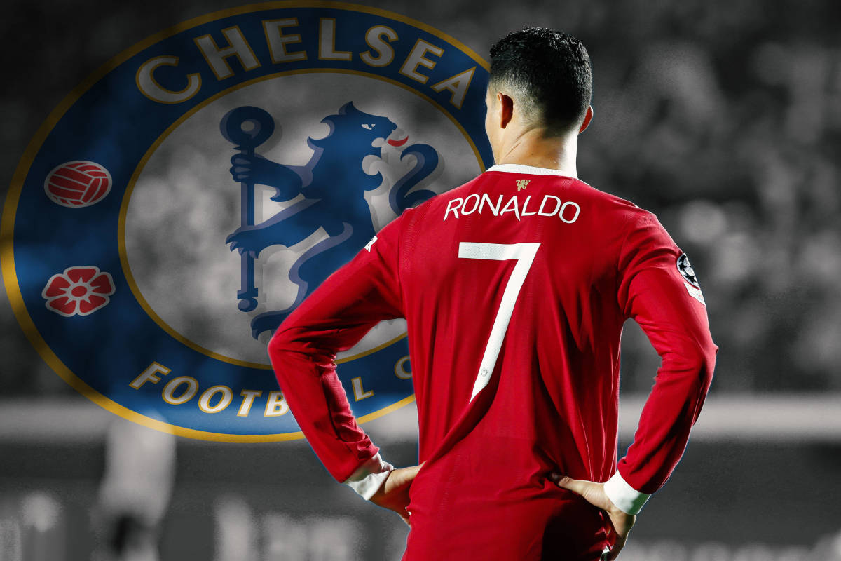 Cristiano Ronaldo pictured in a Manchester United jersey next to a giant Chelsea crest