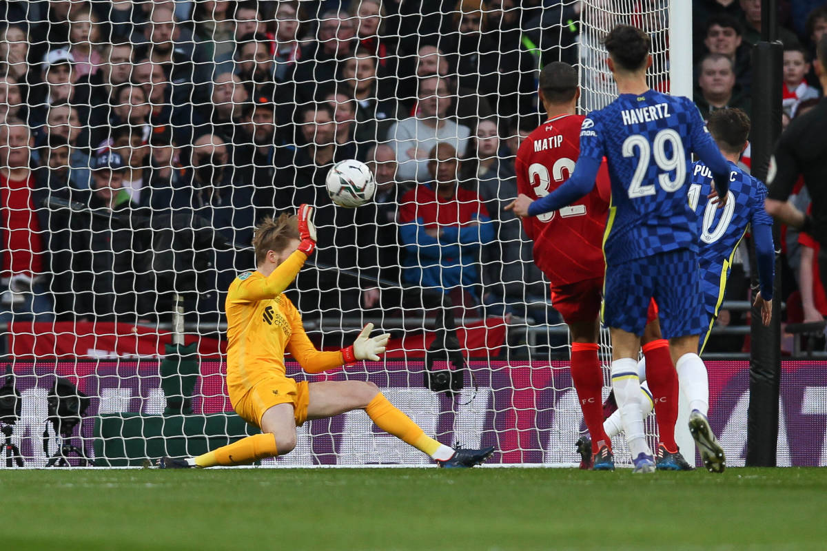 Liverpool goalkeeper Caoimhin Kelleher makes a save during the 2022 EFL Cup final against Chelsea