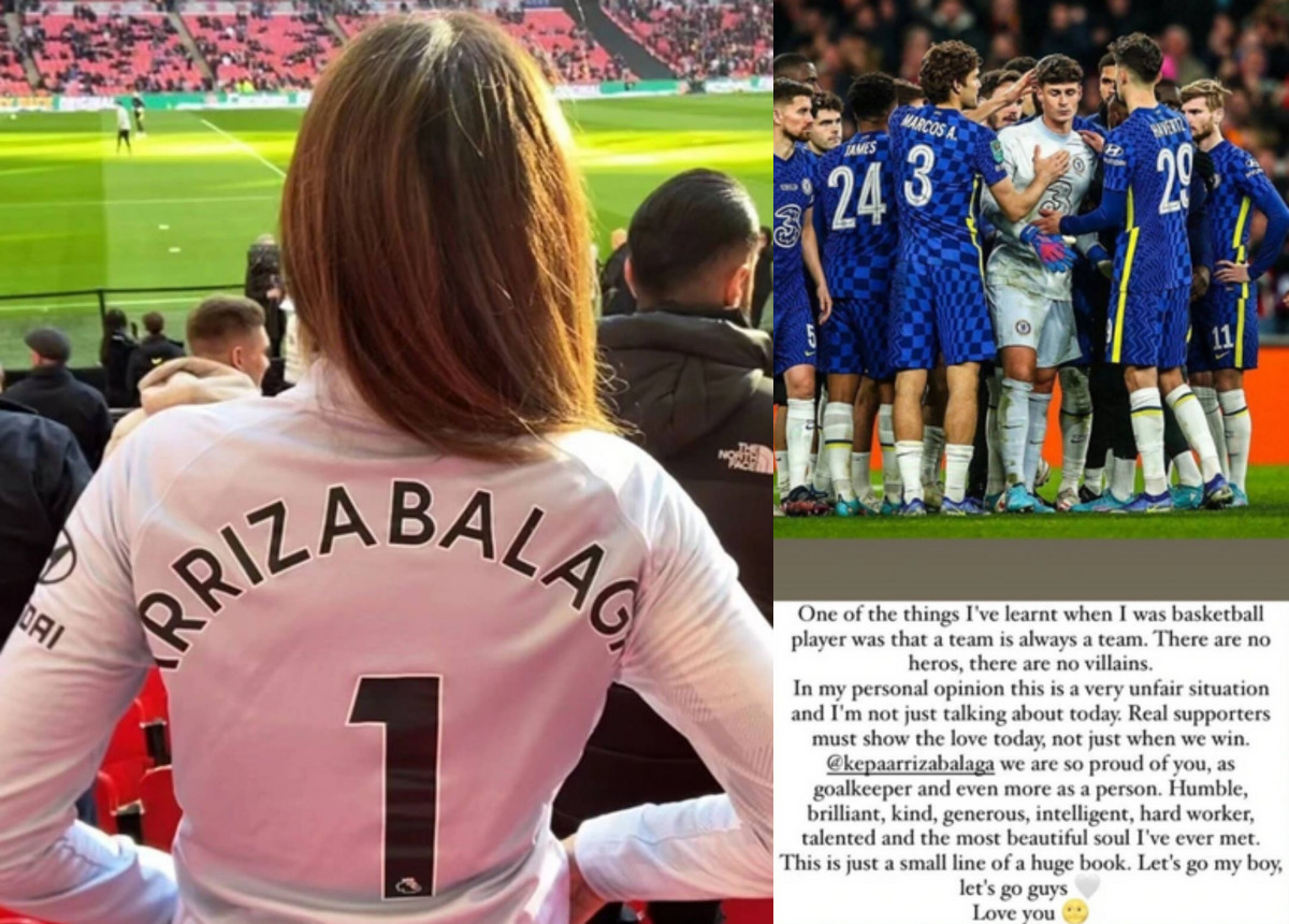 Kepa Arrizabalaga's girlfriend, Andrea Martinez, pictured wearing a Chelsea jersey before posting a message on Instagram after the 2022 EFL Cup final