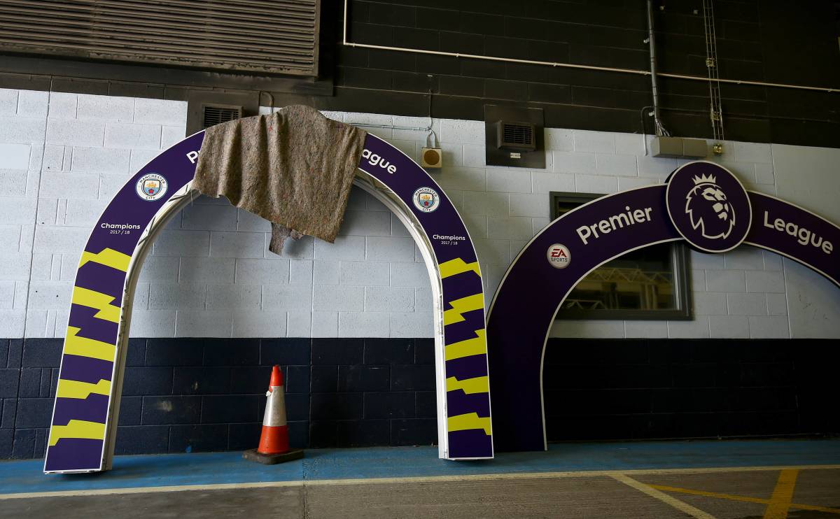 A pair of Premier League branded arches pictured at Manchester City's Etihad Stadium ahead of their trophy presentation in May 2018