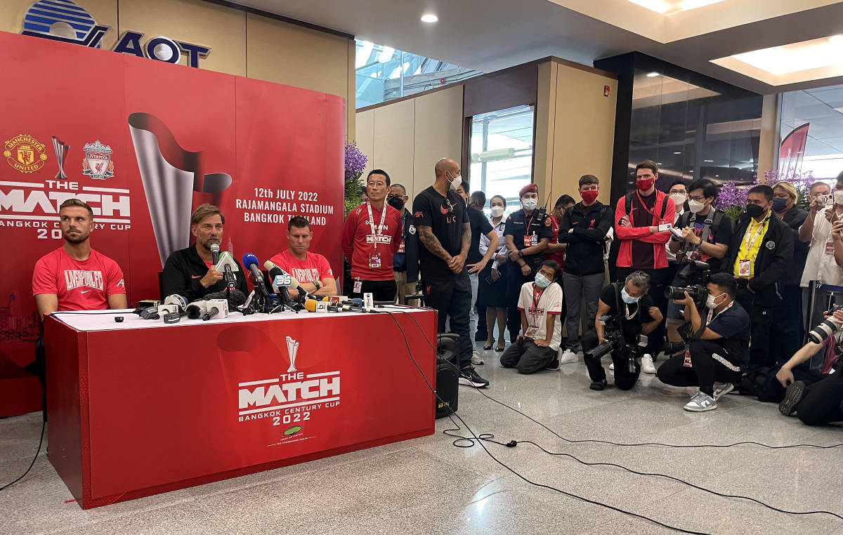 Liverpool manager Jurgen Klopp pictured speaking at a press conference in Bangkok ahead of a pre-season friendly against Manchester United in July 2022