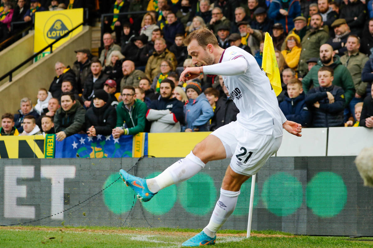 Christian Eriksen pictured taking a corner for Brentford in their win at Norwich in March 2022
