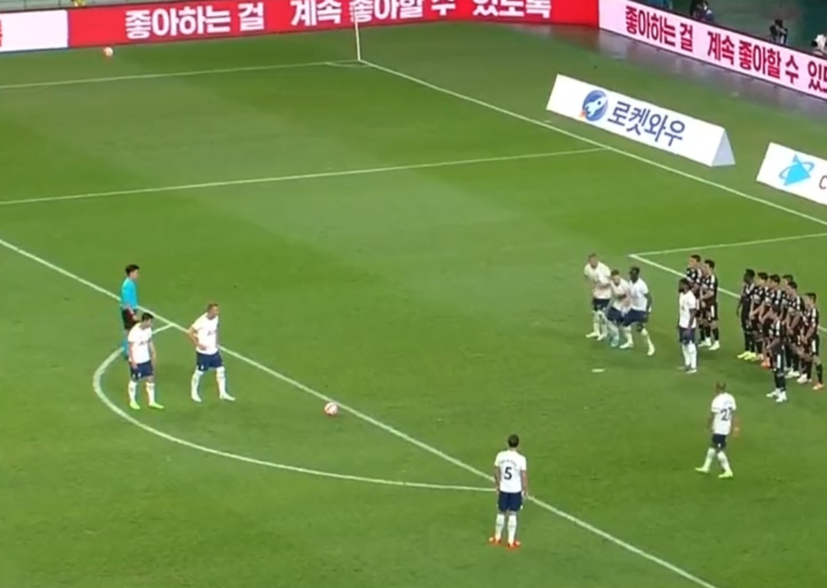 Harry Kane pictured standing over a free-kick during Tottenham's 6-3 win over a K-League XI in July 2022