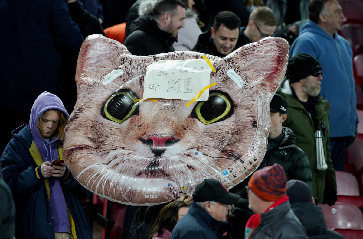 A giant inflatable cat face is seen at Anfield during Liverpool's game with West Ham