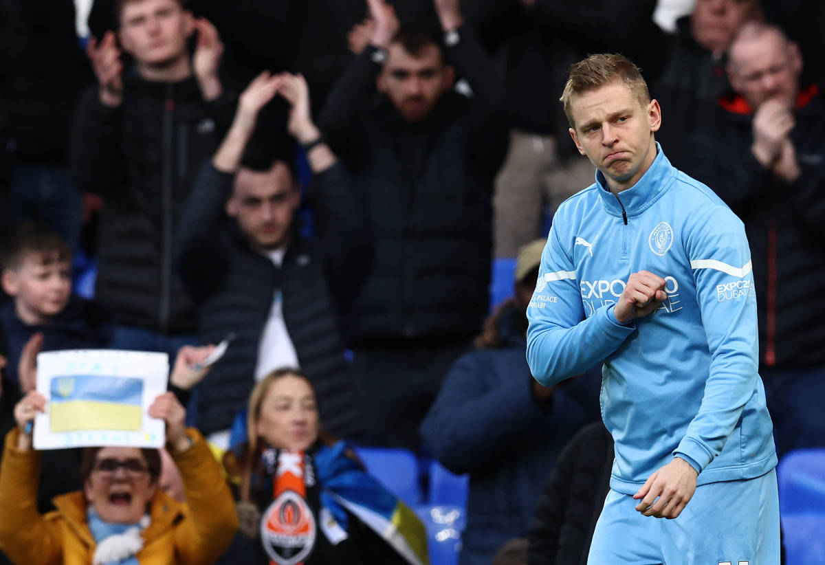 Oleksandr Zinchenko looks emotional as Everton and Man City fans show support for Ukraine at Goodison Park