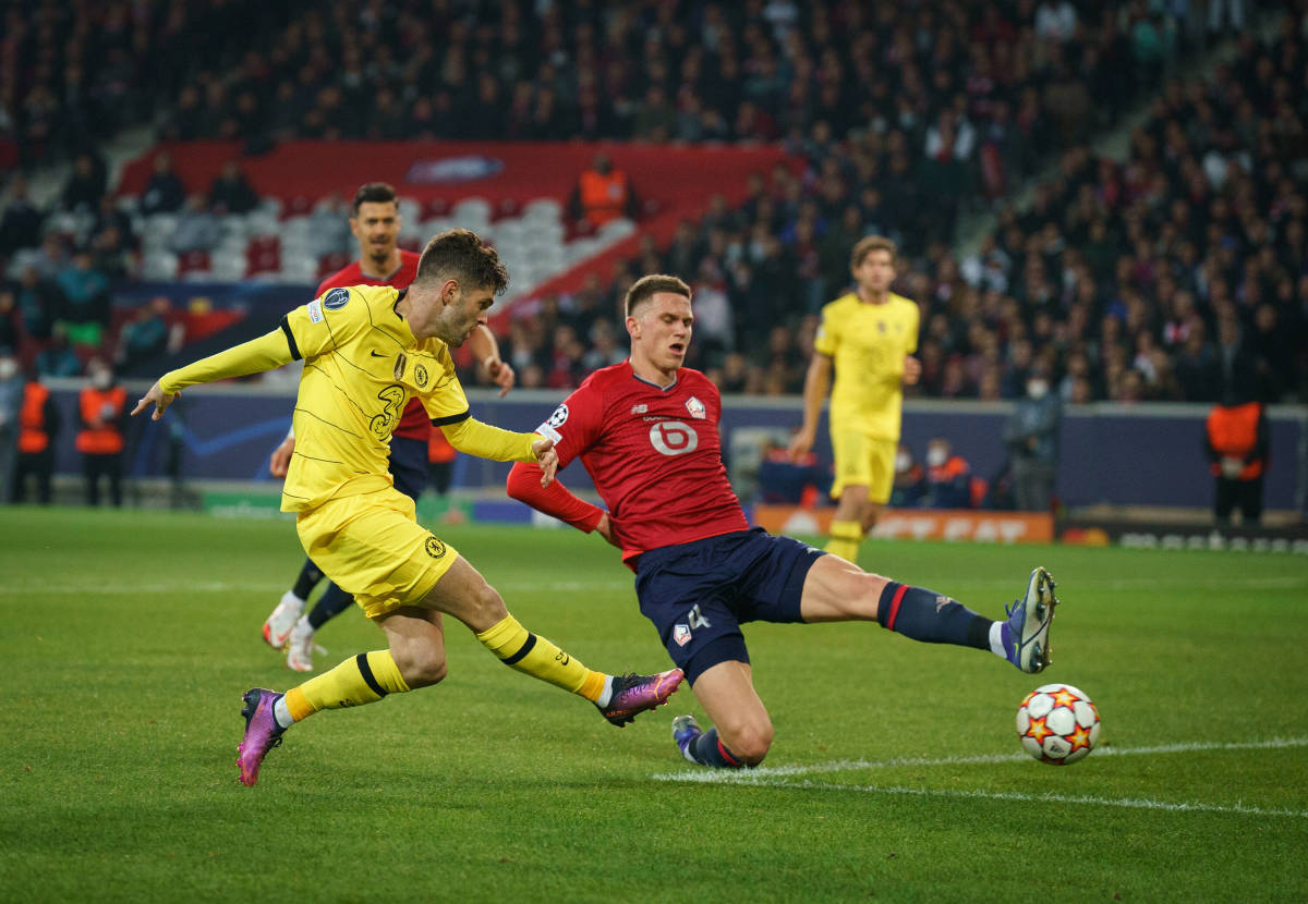 Christian Pulisic (left) scores for Chelsea in their 2-1 win at Lille in March 2022