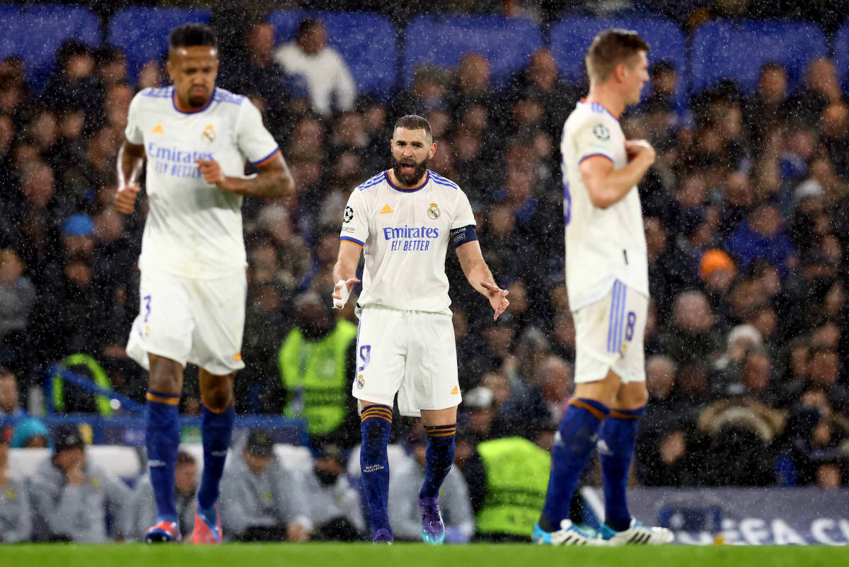 Karim Benzema (center) celebrates after scoring for Real Madrid against Chelsea at Stamford Bridge