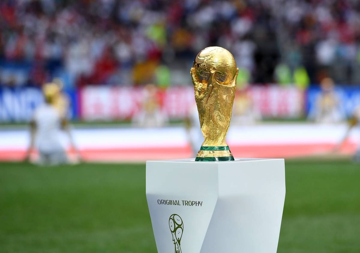 The FIFA World Cup trophy is pictured on display before the 2018 final