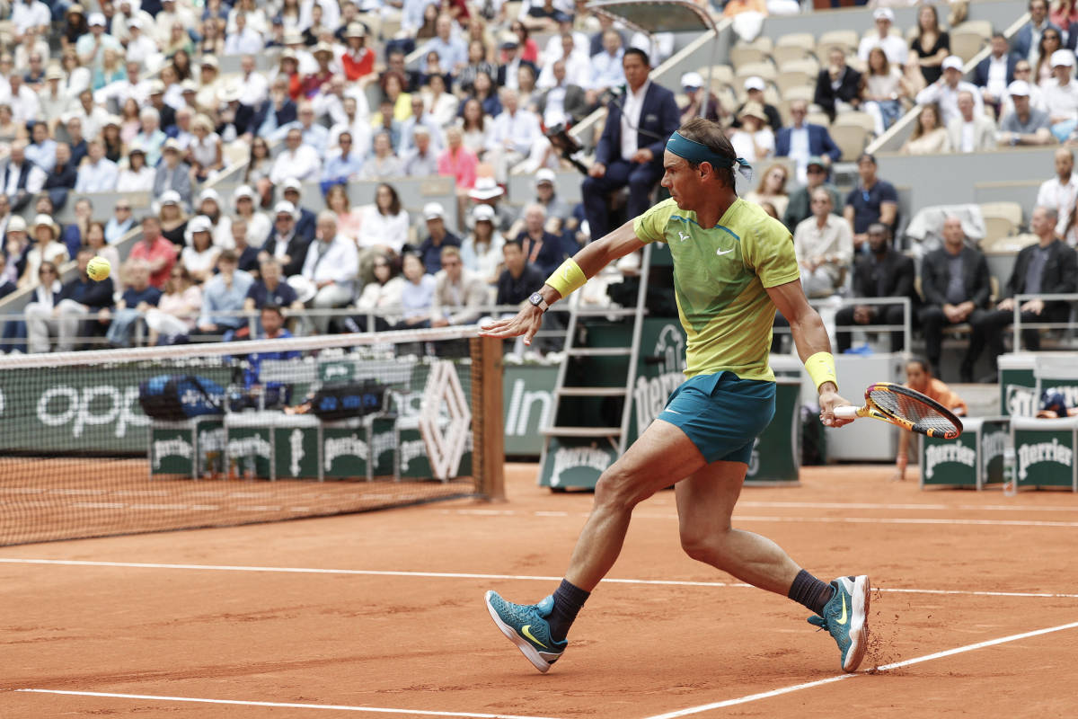 Rafael Nadal pictured in action at Roland Garros during the 2022 final of the French Open