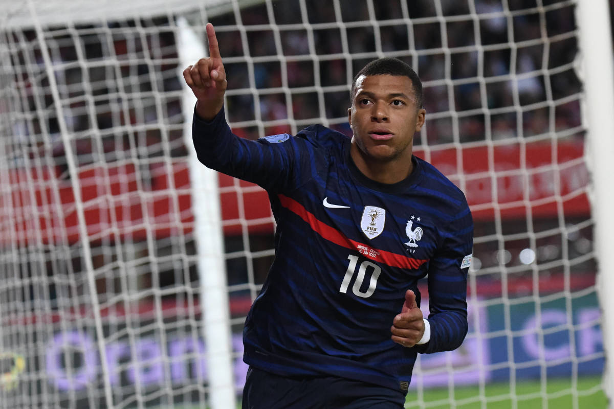 Kylian Mbappe pictured celebrating after scoring in France's 1-1 draw with Austria in June 2022