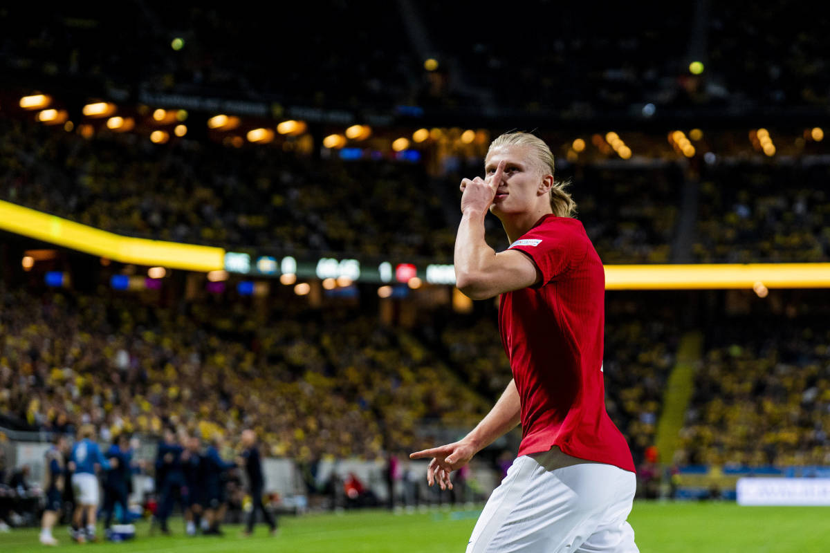 Erling Haaland pictured celebrating after scoring for Norway in a 2-1 win over Sweden in June 2022