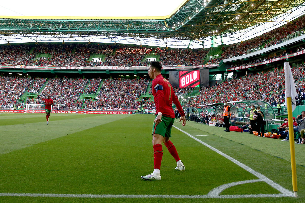 Cristiano Ronaldo pictured celebrating after scoring in Portugal's 4-0 win over Switzerland in June 2022
