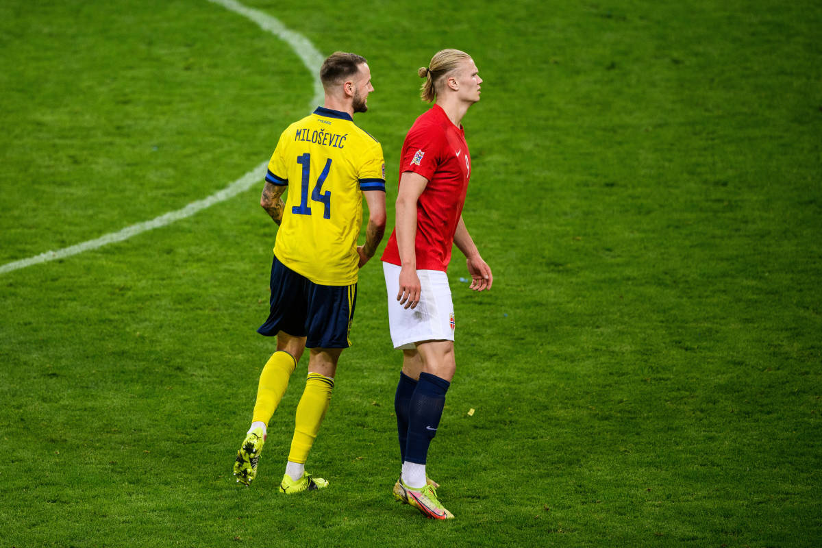 Sweden defender Alexander Milosevic pictured getting close to Norway striker Erling Haaland during their sides' UEFA Nations League match in Stockholm in June 2022