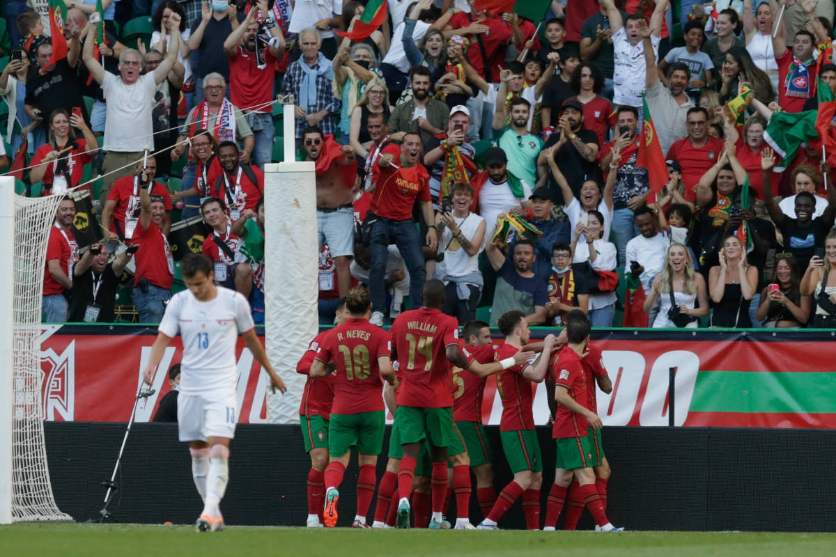 Portugal's players pictured celebrating a goal during their 2-0 win over the Czech Republic in June 2022