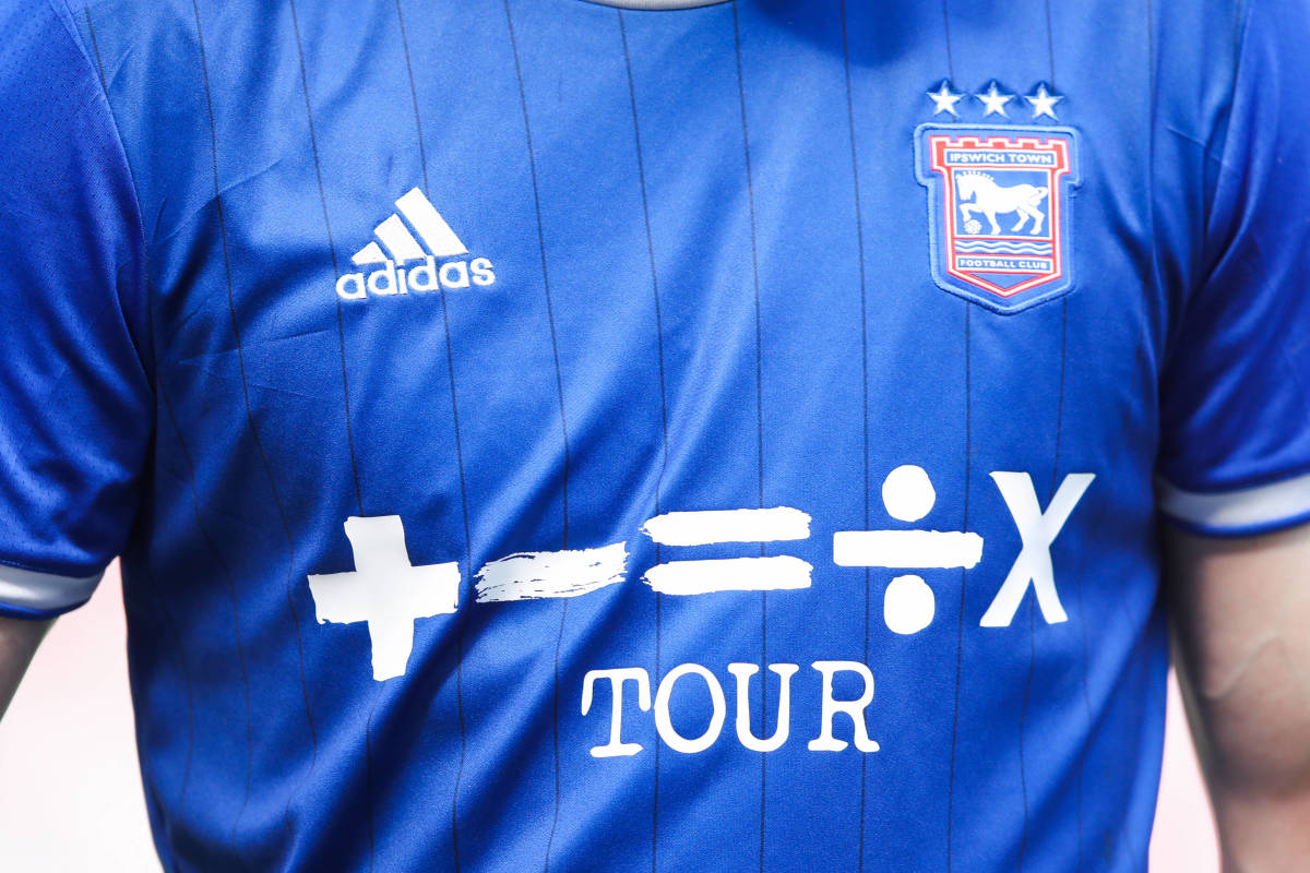 A general view of Ipswich Town's home jersey from the 2021/22 season featuring Ed Sheeran's tour logo on the front