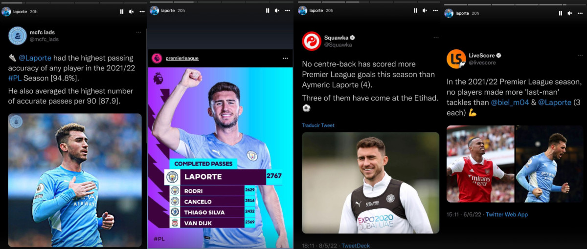 Four Instagram Stories posts shared by Aymeric Laporte after he was not named in the PFA Premier League Team of the Year