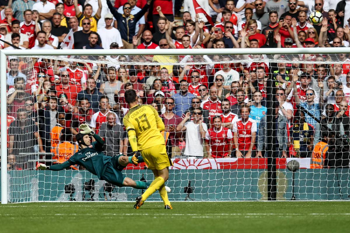Thibaut Courtois pictured missing a penalty for Chelsea against Arsenal in the 2017 Community Shield at Wembley