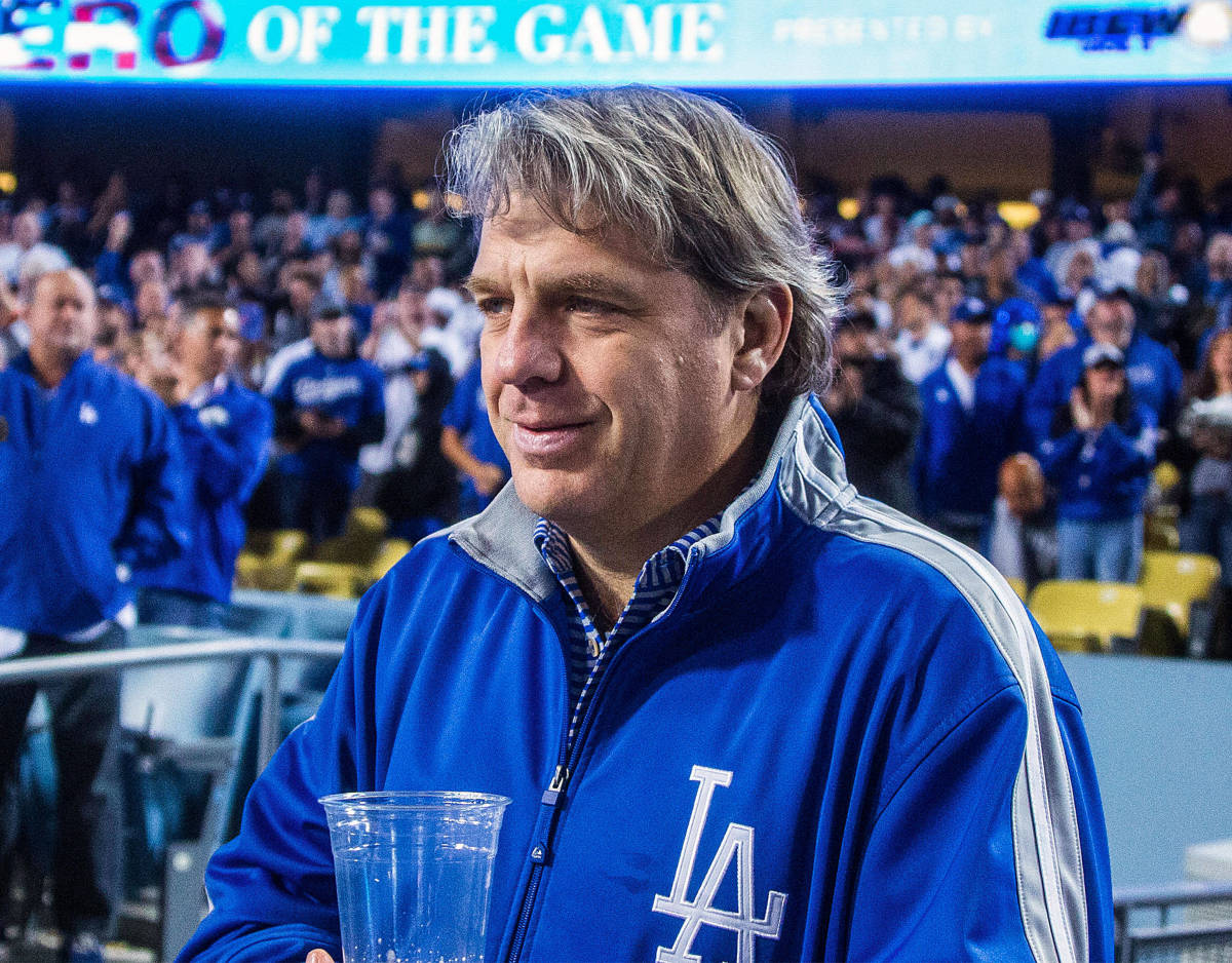 Todd Boehly pictured in April 2022 at baseball game at Dodger Stadium in Los Angeles, California