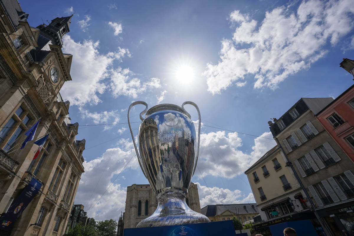 A giant inflatable trophy is pictured on display in Paris ahead of the 2022 Champions League final at the Stade de France