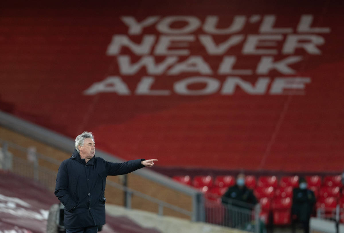 Carlo Ancelotti pictured at Anfield in February 2021 when Everton beat Liverpool away from home for the first time in over 20 years
