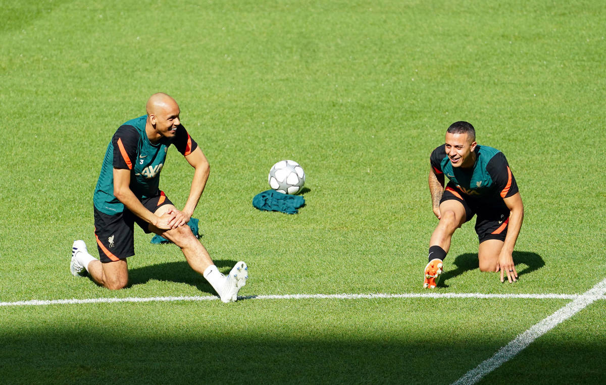 Fabinho (left) and Thiago Alcantara pictured training at the Stade de France on the eve of the 2022 Champions League final