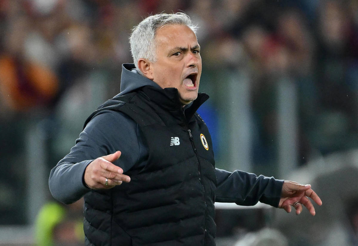 Roma boss Jose Mourinho pictured during his side's UEFA Europa Conference League semi-final win over Leicester