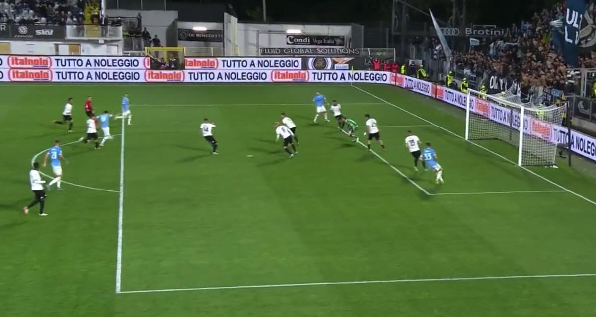 Francesco Acerbi (No 33) appears marginally offside before scoring a winning goal for Lazio against Spezia
