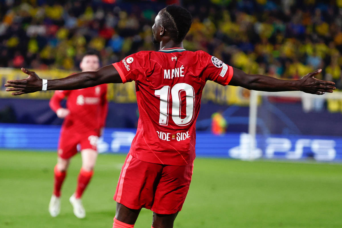 Sadio Mane pictured celebrating a goal for Liverpool during their Champions League semi-final win over Villarreal in May 2022