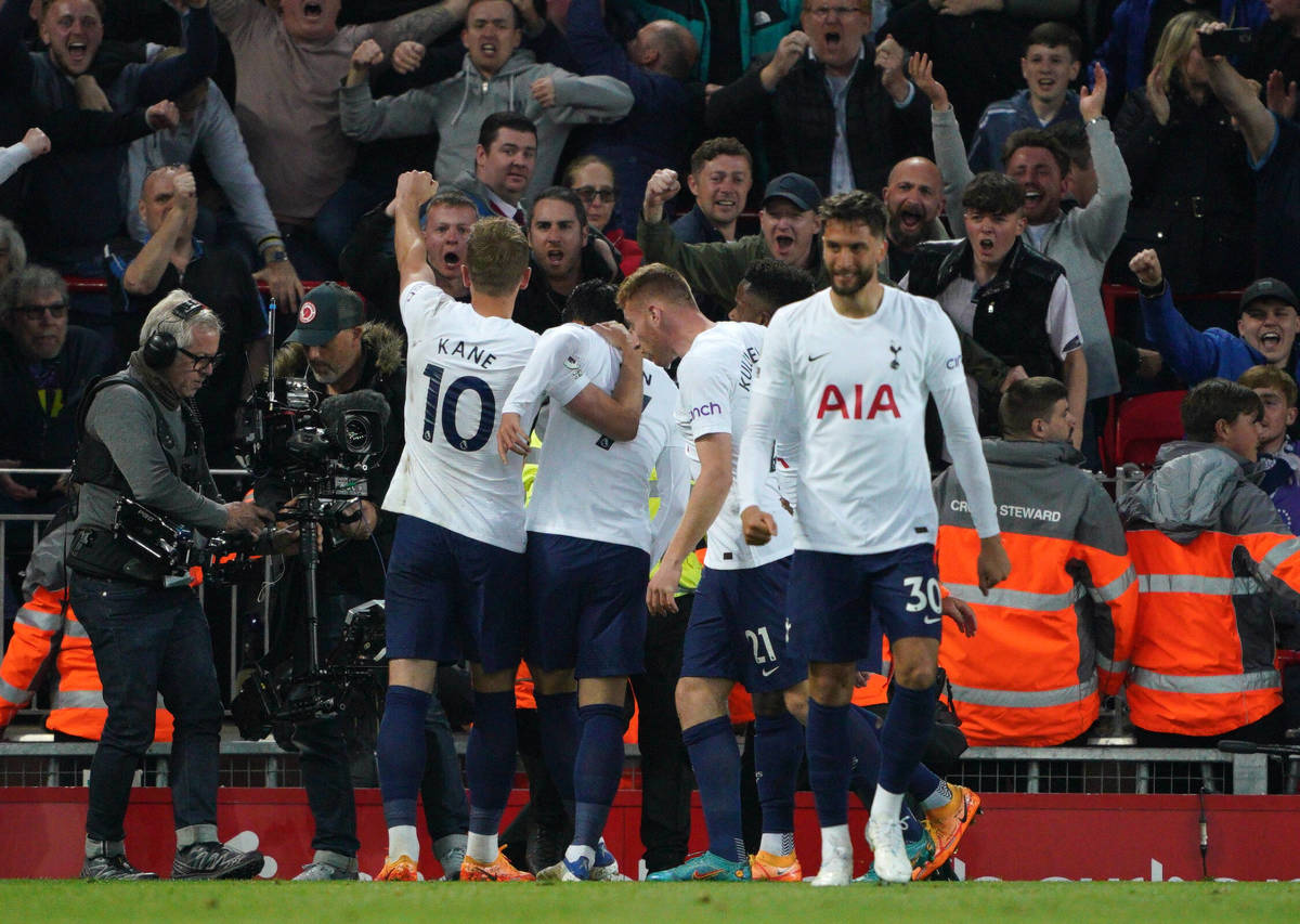 Tottenham's players pictured celebrating at Anfield after a goal by Son Heung-min in May 2022