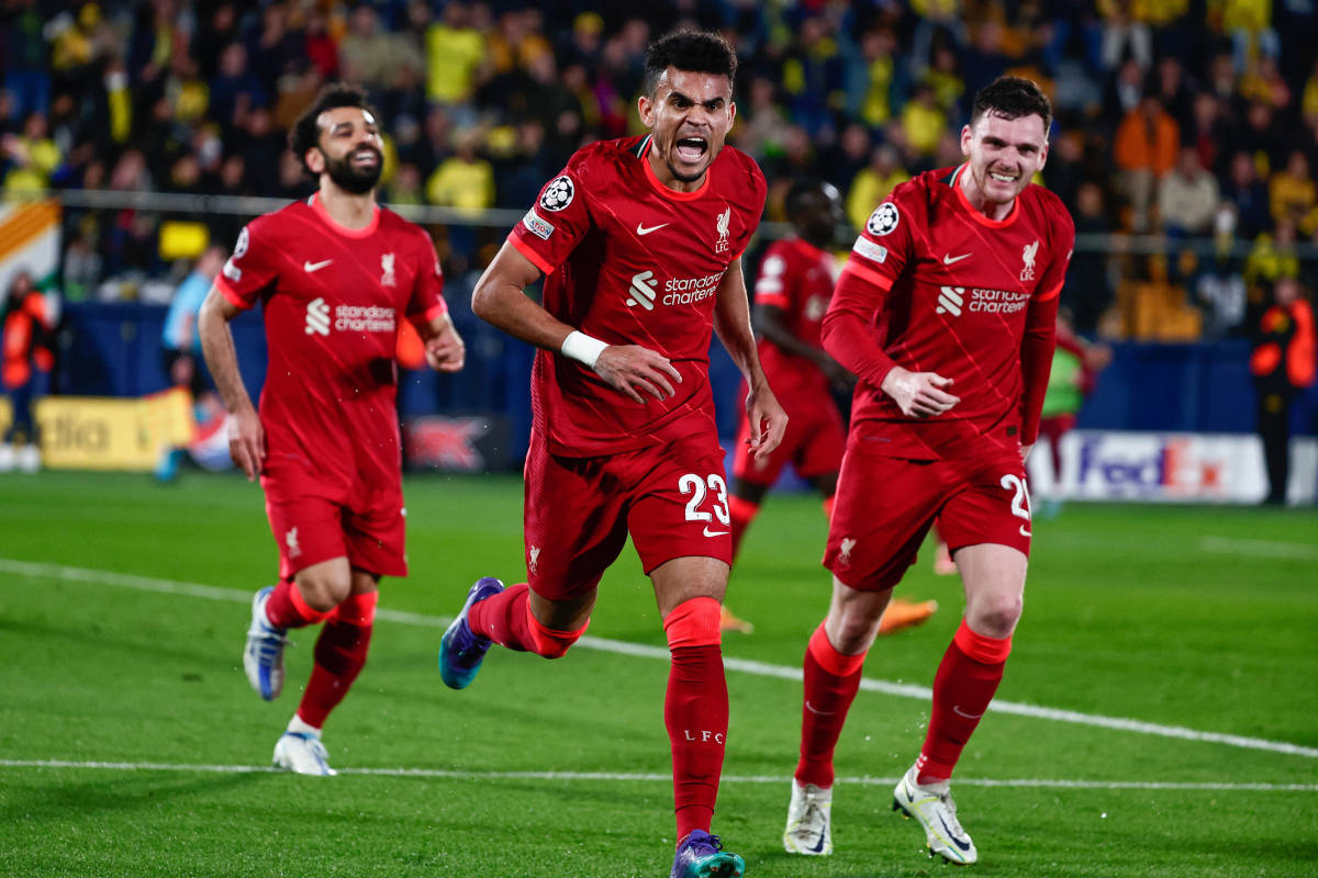 Luis Diaz (center) celebrates after scoring for Liverpool in their 3-2 win at Villarreal in May 2022