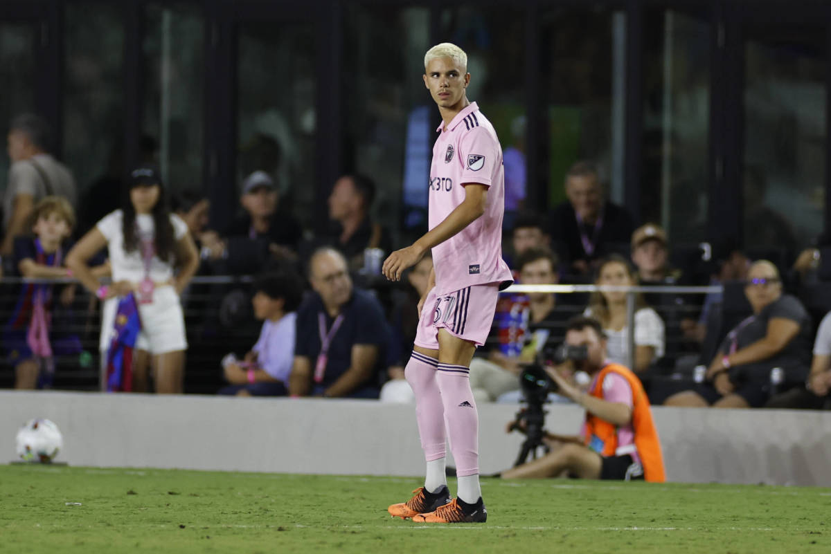 Romeo Beckham pictured playing for Inter Miami against Barcelona in July 2022