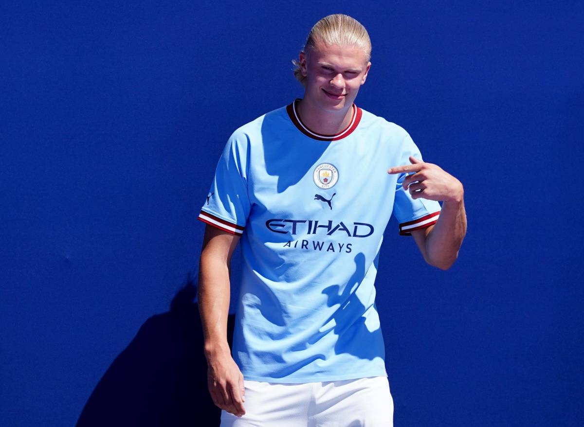Erling Haaland pictured during his official presentation as a Manchester City player in July 2022