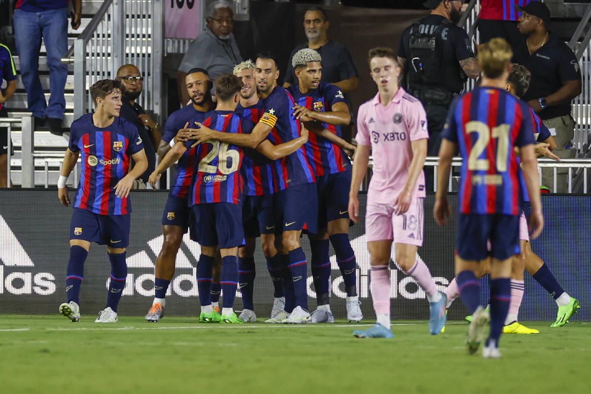 Barcelona's players pictured celebrating a goal during their 6-0 win over Inter Miami in July 2022