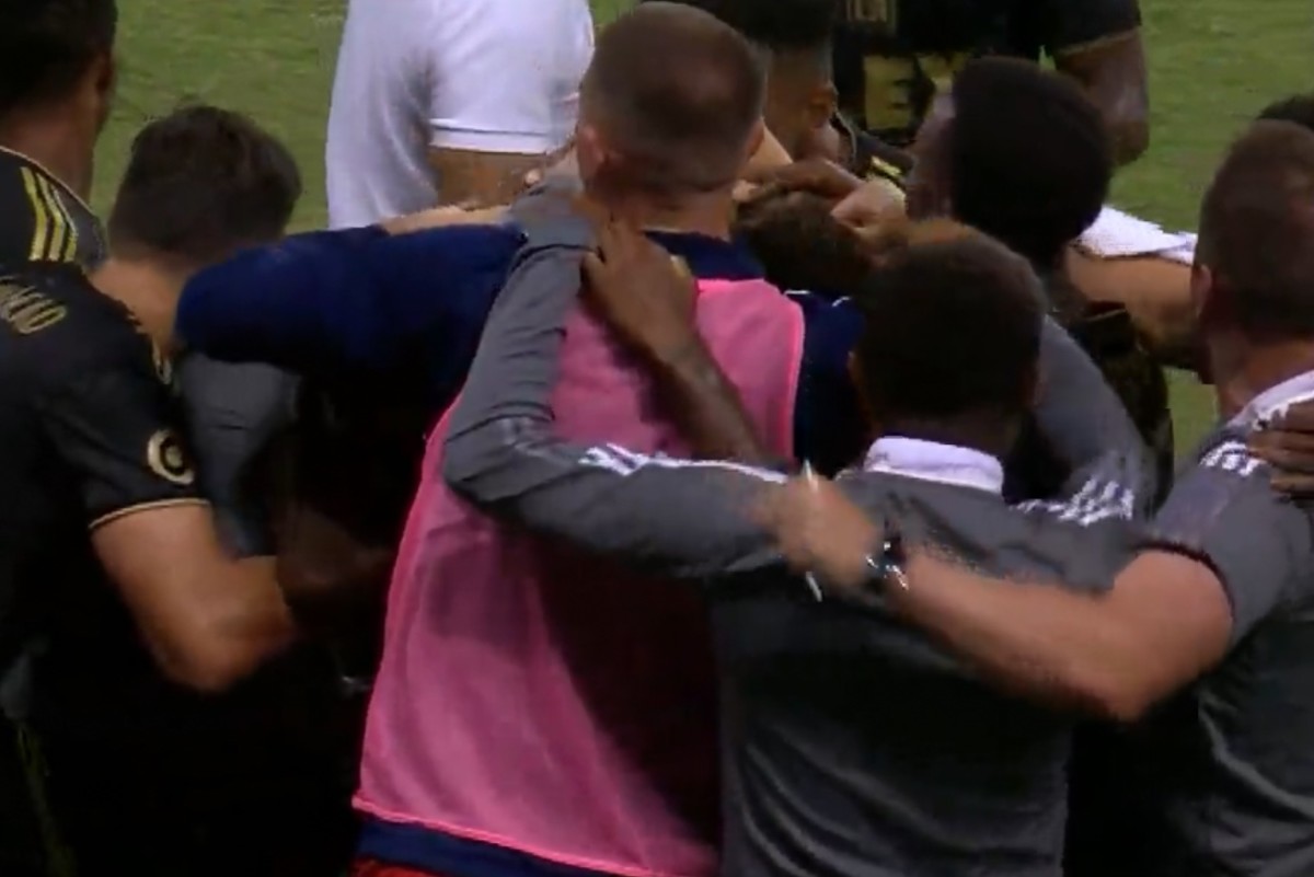 Gareth Bale was mobbed by his teammates after scoring his first goal for LAFC in MLS