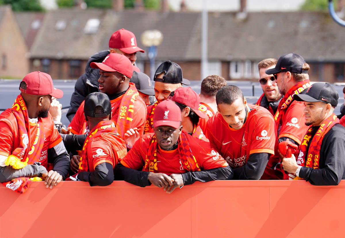 Sadio Mane pictured (center) during Liverpool's trophy parade at the end of the 2021/22 season