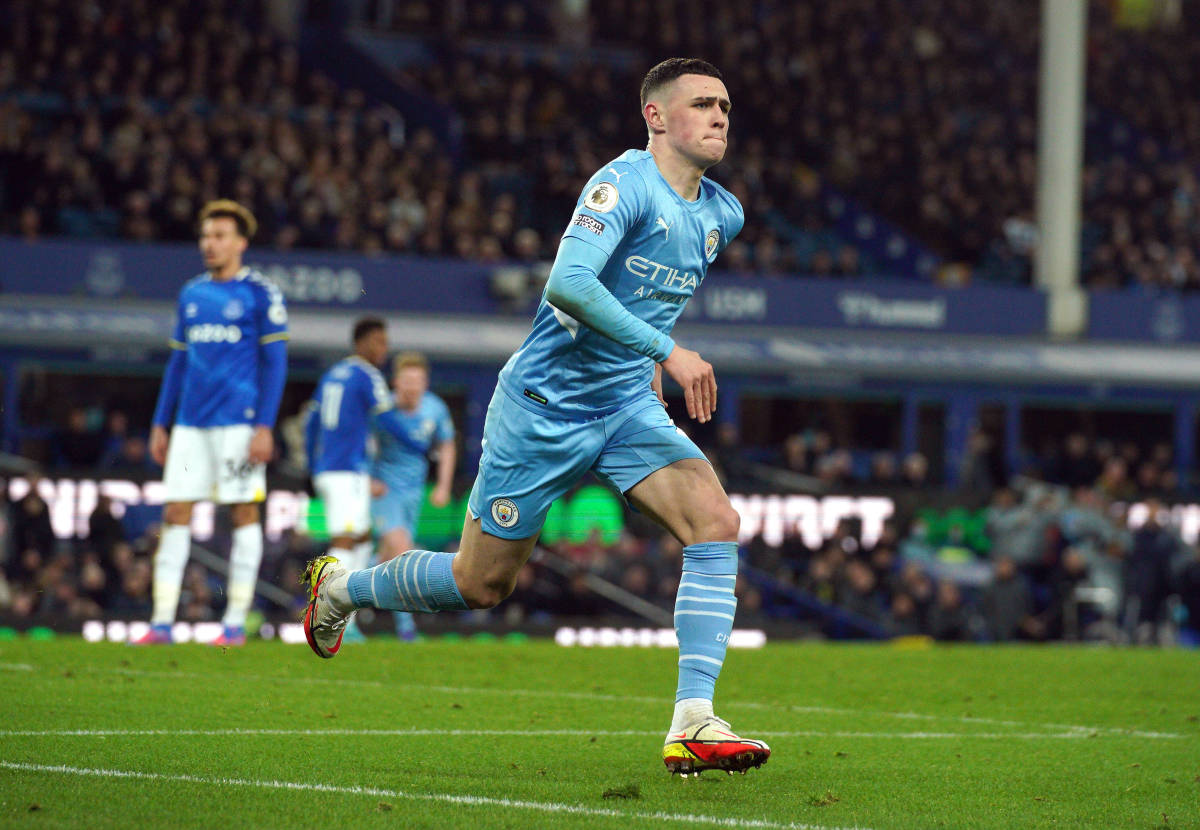 Phil Foden pictured after scoring for Manchester City against Everton in February 2022