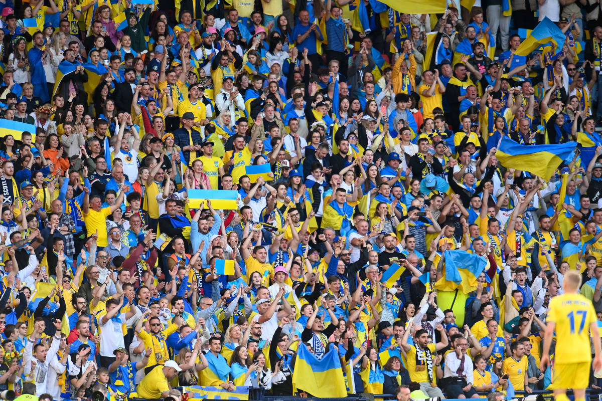 Ukraine fans pictured at Glasgow's Hampden Park during their team's World Cup play-off semi-final win over Scotland in June 2022